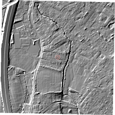 Shaded relief map of the ground around TW208NR, computed from Environment Agency LiDAR. The ground here sits at about 16 m above sea level and falls 9 m across the surrounding 800 m. The ground contributing surface water to this point lies to the north-north-west.