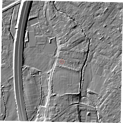 Shaded relief map of the ground around TW208NS, computed from Environment Agency LiDAR. The ground here sits at about 15 m above sea level and falls 9 m across the surrounding 800 m. Surface water reaching this point runs off ground lying to the south-west, 1.2 m higher.