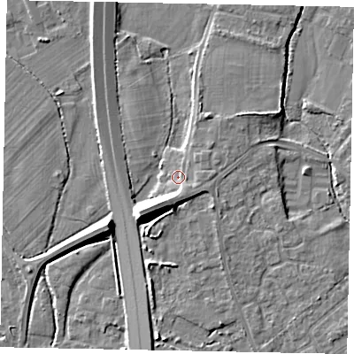 Shaded relief map of the ground around TW208NT, computed from Environment Agency LiDAR. The ground here sits at about 16 m above sea level and falls 10 m across the surrounding 800 m. Surface water reaching this point runs off ground lying to the south-south-east, 2.4 m higher.