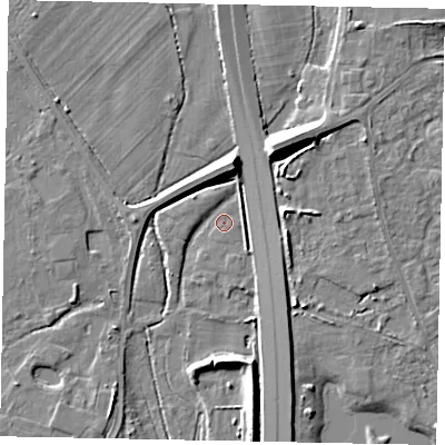 Shaded relief map of the ground around TW208NU, computed from Environment Agency LiDAR. The ground here sits at about 15 m above sea level and falls 9 m across the surrounding 800 m. Surface water reaching this point runs off ground lying to the south-south-east, 2.6 m higher.