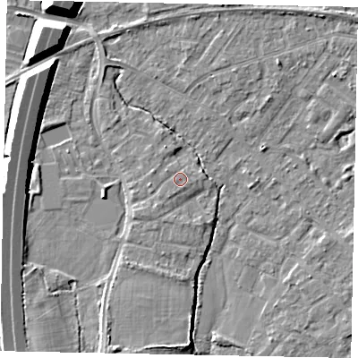 Shaded relief map of the ground around TW208NW, computed from Environment Agency LiDAR. The ground here sits at about 16 m above sea level and falls 11 m across the surrounding 800 m. Surface water reaching this point runs off ground lying to the south-south-west, 1.0 m higher.