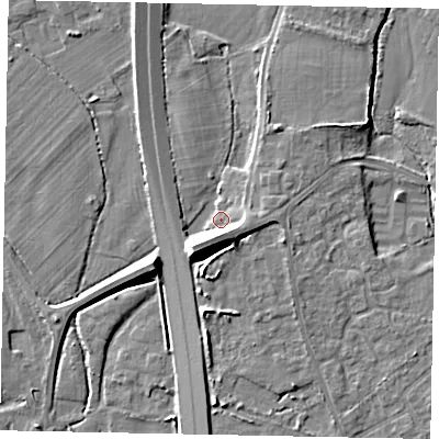Shaded relief map of the ground around TW208NX, computed from Environment Agency LiDAR. The ground here sits at about 15 m above sea level and falls 10 m across the surrounding 800 m. Surface water reaching this point runs off ground lying to the south-west, 8.5 m higher.