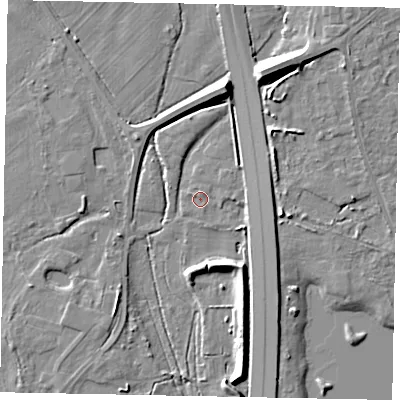 Shaded relief map of the ground around TW208PE, computed from Environment Agency LiDAR. The ground here sits at about 15 m above sea level and falls 9 m across the surrounding 800 m. Surface water reaching this point runs off ground lying to the east, 1.0 m higher.