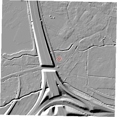 Shaded relief map of the ground around TW208QH, computed from Environment Agency LiDAR. The ground here sits at about 15 m above sea level and falls 12 m across the surrounding 800 m. Surface water reaching this point runs off ground lying to the north-west, 1.9 m higher.