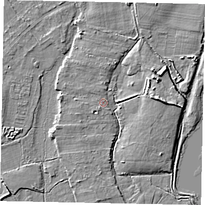 Shaded relief map of the ground around TW208QJ, computed from Environment Agency LiDAR. The ground here sits at about 16 m above sea level and falls 7 m across the surrounding 800 m. Surface water reaching this point runs off ground lying to the west, 1.3 m higher.