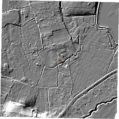 Shaded relief map of the ground around TW208QL, computed from Environment Agency LiDAR. The ground here sits at about 16 m above sea level and falls 16 m across the surrounding 800 m. Surface water reaching this point runs off ground lying to the north-north-east, 2.1 m higher.