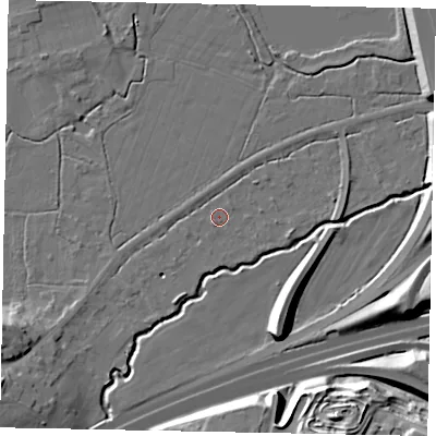 Shaded relief map of the ground around TW208QN, computed from Environment Agency LiDAR. The ground here sits at about 16 m above sea level and falls 17 m across the surrounding 800 m. Surface water reaching this point runs off ground lying to the south, 1.1 m higher.