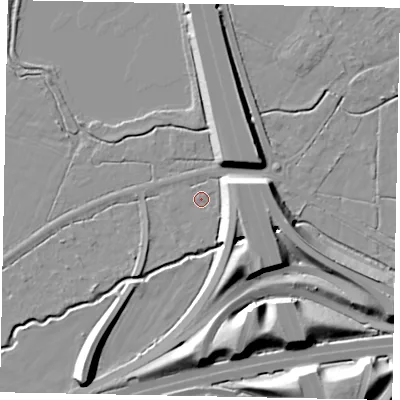 Shaded relief map of the ground around TW208QP, computed from Environment Agency LiDAR. The ground here sits at about 15 m above sea level and falls 12 m across the surrounding 800 m. Surface water reaching this point runs off ground lying to the east, 9.1 m higher.