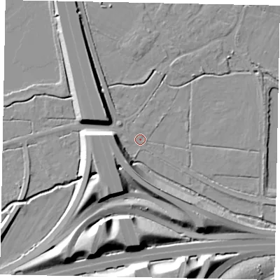 Shaded relief map of the ground around TW208QR, computed from Environment Agency LiDAR. The ground here sits at about 15 m above sea level and falls 13 m across the surrounding 800 m. Surface water reaching this point runs off ground lying to the south-east, 10.1 m higher.