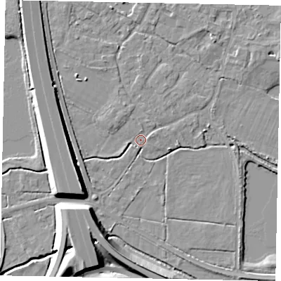 Shaded relief map of the ground around TW208QS, computed from Environment Agency LiDAR. The ground here sits at about 14 m above sea level and falls 12 m across the surrounding 800 m. Surface water reaching this point runs off ground lying to the south-west, 8.7 m higher.
