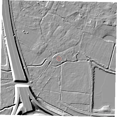 Shaded relief map of the ground around TW208QT, computed from Environment Agency LiDAR. The ground here sits at about 15 m above sea level and falls 12 m across the surrounding 800 m. Surface water reaching this point runs off ground lying to the north-west, 0.8 m higher.