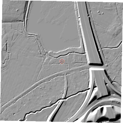 Shaded relief map of the ground around TW208QW, computed from Environment Agency LiDAR. The ground here sits at about 15 m above sea level and falls 12 m across the surrounding 800 m. Surface water reaching this point runs off ground lying to the south-west, 2.1 m higher.