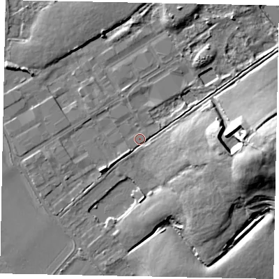 Shaded relief map of the ground around TW208RD, computed from Environment Agency LiDAR. The ground here sits at about 15 m above sea level and falls 17 m across the surrounding 800 m. Surface water reaching this point runs off ground lying to the east, 16.5 m higher.