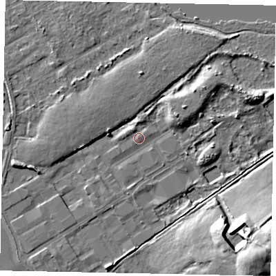 Shaded relief map of the ground around TW208RE, computed from Environment Agency LiDAR. The ground here sits at about 16 m above sea level and falls 17 m across the surrounding 800 m. Surface water reaching this point runs off ground lying to the west-south-west, 4.3 m higher.