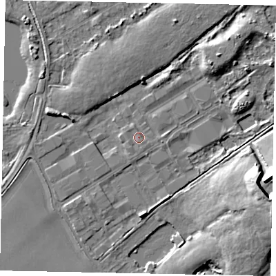 Shaded relief map of the ground around TW208RN, computed from Environment Agency LiDAR. The ground here sits at about 16 m above sea level and falls 13 m across the surrounding 800 m. Surface water reaching this point runs off ground lying to the east, 0.9 m higher.