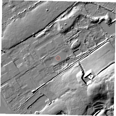 Shaded relief map of the ground around TW208RT, computed from Environment Agency LiDAR. The ground here sits at about 15 m above sea level and falls 19 m across the surrounding 800 m. Surface water reaching this point runs off ground lying to the west-south-west, 1.8 m higher.