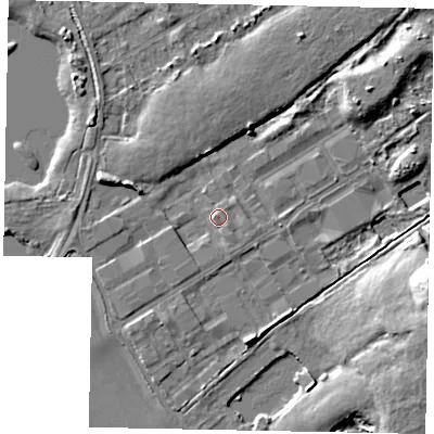 Shaded relief map of the ground around TW208RX, computed from Environment Agency LiDAR. The ground here sits at about 16 m above sea level and falls 11 m across the surrounding 800 m. Surface water reaching this point runs off ground lying to the south-east, 1.4 m higher.