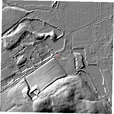 Shaded relief map of the ground around TW208SH, computed from Environment Agency LiDAR. The ground here sits at about 15 m above sea level and falls 19 m across the surrounding 800 m. Surface water reaching this point runs off ground lying to the south, 17.6 m higher.