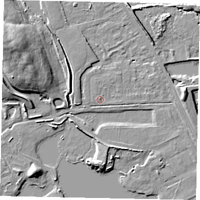 Shaded relief map of the ground around TW208SS, computed from Environment Agency LiDAR. The ground here sits at about 14 m above sea level and falls 16 m across the surrounding 800 m. Surface water reaching this point runs off ground lying to the north-east, 1.0 m higher.