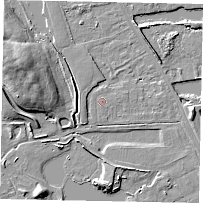 Shaded relief map of the ground around TW208SU, computed from Environment Agency LiDAR. The ground here sits at about 14 m above sea level and falls 16 m across the surrounding 800 m. The ground contributing surface water to this point lies to the north-north-east.