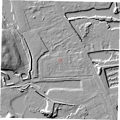 Shaded relief map of the ground around TW208TA, computed from Environment Agency LiDAR. The ground here sits at about 14 m above sea level and falls 14 m across the surrounding 800 m. Surface water reaching this point runs off ground lying to the east-north-east, 0.6 m higher.