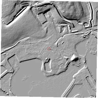 Shaded relief map of the ground around TW208TD, computed from Environment Agency LiDAR. The ground here sits at about 15 m above sea level and falls 13 m across the surrounding 800 m. The ground contributing surface water to this point lies to the west-north-west.