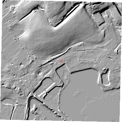 Shaded relief map of the ground around TW208TE, computed from Environment Agency LiDAR. The ground here sits at about 14 m above sea level and falls 12 m across the surrounding 800 m. Surface water reaching this point runs off ground lying to the west-south-west, 2.0 m higher.