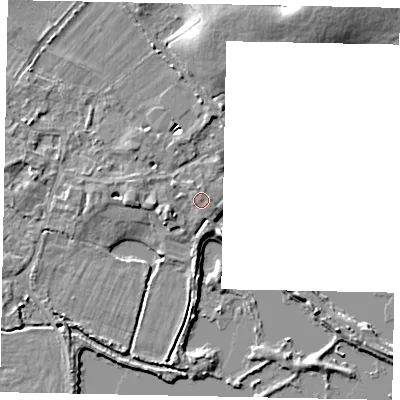 Shaded relief map of the ground around TW208TG, computed from Environment Agency LiDAR. The ground here sits at about 16 m above sea level and falls 8 m across the surrounding 800 m. Surface water reaching this point runs off ground lying to the west-south-west, 0.7 m higher.