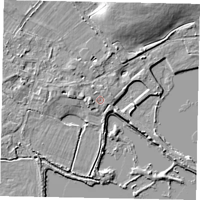 Shaded relief map of the ground around TW208TQ, computed from Environment Agency LiDAR. The ground here sits at about 15 m above sea level and falls 8 m across the surrounding 800 m. Surface water reaching this point runs off ground lying to the west, 1.6 m higher.
