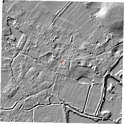 Shaded relief map of the ground around TW208TW, computed from Environment Agency LiDAR. The ground here sits at about 15 m above sea level and falls 8 m across the surrounding 800 m. Surface water reaching this point runs off ground lying to the east, 1.3 m higher.