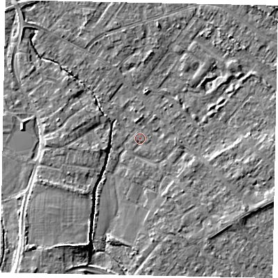 Shaded relief map of the ground around TW208XA, computed from Environment Agency LiDAR. The ground here sits at about 14 m above sea level and falls 5 m across the surrounding 800 m. Surface water reaching this point runs off ground lying to the east-south-east, 1.5 m higher.