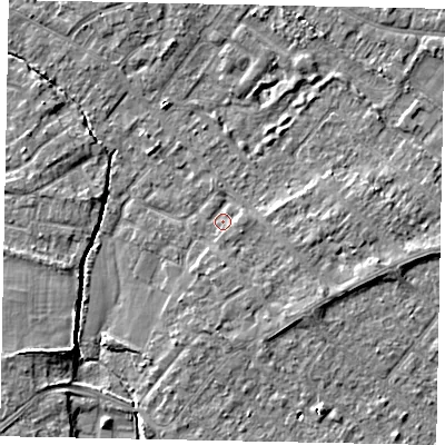 Shaded relief map of the ground around TW208XB, computed from Environment Agency LiDAR. The ground here sits at about 14 m above sea level and falls 5 m across the surrounding 800 m. Surface water reaching this point runs off ground lying to the east, 1.3 m higher.