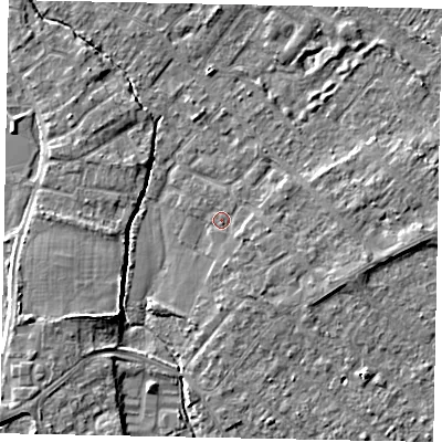 Shaded relief map of the ground around TW208XD, computed from Environment Agency LiDAR. The ground here sits at about 14 m above sea level and falls 5 m across the surrounding 800 m. Surface water reaching this point runs off ground lying to the east-south-east, 2.1 m higher.
