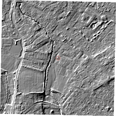 Shaded relief map of the ground around TW208XE, computed from Environment Agency LiDAR. The ground here sits at about 14 m above sea level and falls 5 m across the surrounding 800 m. Surface water reaching this point runs off ground lying to the south-west, 4.6 m higher.