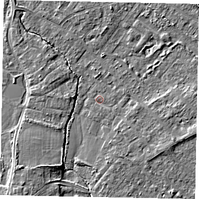 Shaded relief map of the ground around TW208XF, computed from Environment Agency LiDAR. The ground here sits at about 14 m above sea level and falls 5 m across the surrounding 800 m. Surface water reaching this point runs off ground lying to the south-west, 4.6 m higher.
