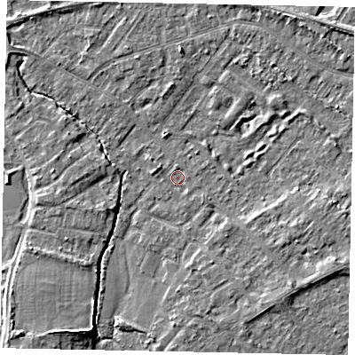Shaded relief map of the ground around TW208XG, computed from Environment Agency LiDAR. The ground here sits at about 14 m above sea level and falls 5 m across the surrounding 800 m. Surface water reaching this point runs off ground lying to the west-north-west, 1.2 m higher.