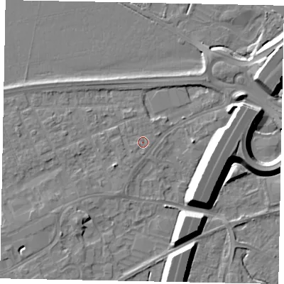 Shaded relief map of the ground around TW209AA, computed from Environment Agency LiDAR. The ground here sits at about 16 m above sea level and falls 12 m across the surrounding 800 m. Surface water reaching this point runs off ground lying to the south-west, 1.0 m higher.