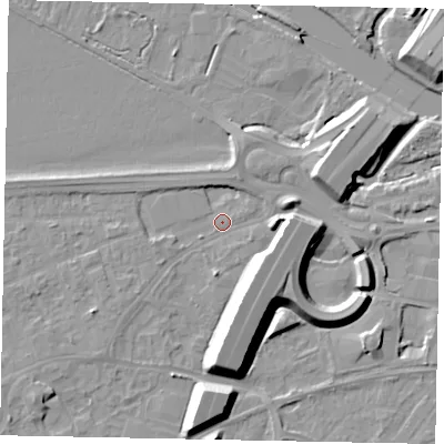 Shaded relief map of the ground around TW209AB, computed from Environment Agency LiDAR. The ground here sits at about 15 m above sea level and falls 12 m across the surrounding 800 m. Surface water reaching this point runs off ground lying to the south-east, 10.6 m higher.