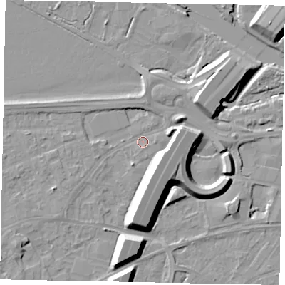 Shaded relief map of the ground around TW209AD, computed from Environment Agency LiDAR. The ground here sits at about 15 m above sea level and falls 12 m across the surrounding 800 m. Surface water reaching this point runs off ground lying to the south-east, 10.6 m higher.