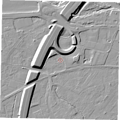 Shaded relief map of the ground around TW209AG, computed from Environment Agency LiDAR. The ground here sits at about 15 m above sea level and falls 12 m across the surrounding 800 m. Surface water reaching this point runs off ground lying to the west-south-west, 8.9 m higher.