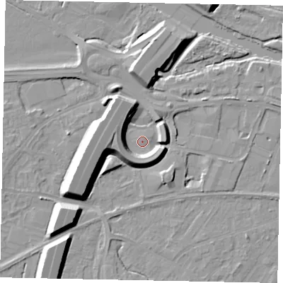 Shaded relief map of the ground around TW209AH, computed from Environment Agency LiDAR. The ground here sits at about 16 m above sea level and falls 12 m across the surrounding 800 m. Surface water reaching this point runs off ground lying to the west, 7.8 m higher.