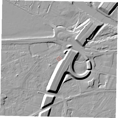 Shaded relief map of the ground around TW209AL, computed from Environment Agency LiDAR. The ground here sits at about 16 m above sea level and falls 12 m across the surrounding 800 m. Surface water reaching this point runs off ground lying to the south-south-east, 9.6 m higher.