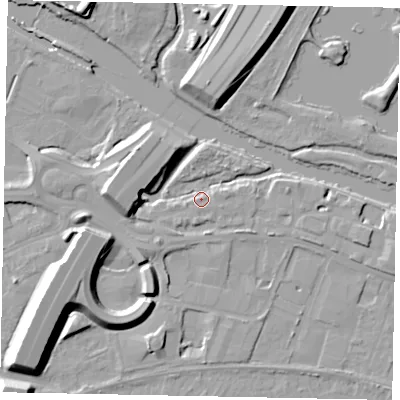 Shaded relief map of the ground around TW209AP, computed from Environment Agency LiDAR. The ground here sits at about 16 m above sea level and falls 13 m across the surrounding 800 m. Surface water reaching this point runs off ground lying to the east-north-east, 2.9 m higher.