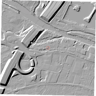 Shaded relief map of the ground around TW209AR, computed from Environment Agency LiDAR. The ground here sits at about 16 m above sea level and falls 13 m across the surrounding 800 m. Surface water reaching this point runs off ground lying to the west-south-west, 1.9 m higher.