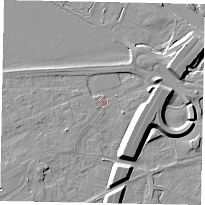 Shaded relief map of the ground around TW209AZ, computed from Environment Agency LiDAR. The ground here sits at about 16 m above sea level and falls 12 m across the surrounding 800 m. Surface water reaching this point runs off ground lying to the south-west, 1.6 m higher.