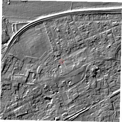 Shaded relief map of the ground around TW209BD, computed from Environment Agency LiDAR. The ground here sits at about 17 m above sea level and falls 4 m across the surrounding 800 m. Surface water reaching this point runs off ground lying to the south-south-west, 1.6 m higher.