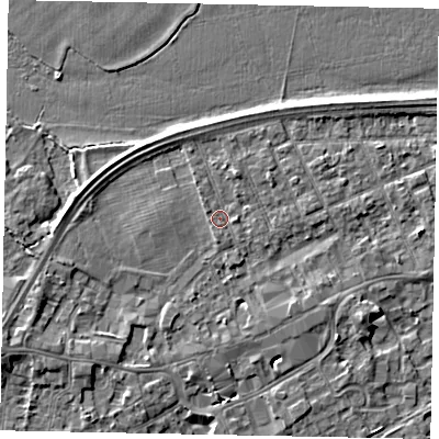 Shaded relief map of the ground around TW209BE, computed from Environment Agency LiDAR. The ground here sits at about 17 m above sea level and falls 5 m across the surrounding 800 m. Surface water reaching this point runs off ground lying to the south, 1.1 m higher.