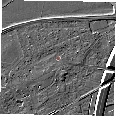 Shaded relief map of the ground around TW209BF, computed from Environment Agency LiDAR. The ground here sits at about 16 m above sea level and falls 11 m across the surrounding 800 m. Surface water reaching this point runs off ground lying to the south-west, 1.4 m higher.