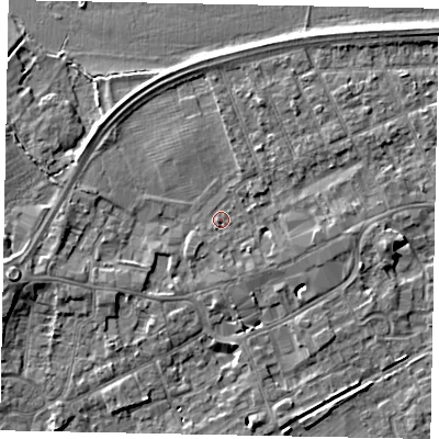 Shaded relief map of the ground around TW209BG, computed from Environment Agency LiDAR. The ground here sits at about 17 m above sea level and falls 7 m across the surrounding 800 m. Surface water reaching this point runs off ground lying to the south-west, 1.8 m higher.