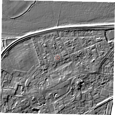 Shaded relief map of the ground around TW209BH, computed from Environment Agency LiDAR. The ground here sits at about 16 m above sea level and falls 7 m across the surrounding 800 m. The ground contributing surface water to this point lies to the north-north-east.